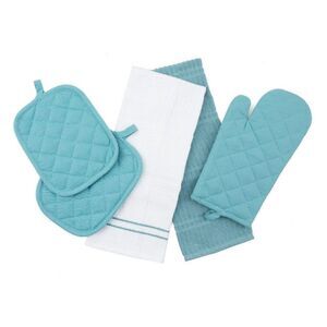 Topaz Kitchen Towel Set Blue White Terrycloth Quilted Potholders Oven Mitt NEW